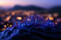 Glowing futuristic cityscape with neon blue skyscrapers against blurred bokeh background at dusk, creating magical miniature tilt-shift effect.