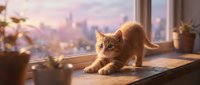 Orange tabby cat stretching on windowsill with cityscape view at golden hour, domestic pet in modern apartment interior with plants and urban skyline background.
