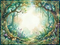 Enchanted forest frame with magical trees, flowers and butterflies creating mystical woodland border for fairy tale designs and fantasy storytelling projects.