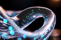 Abstract flowing wave form with glowing blue particles and dots creating dynamic light trails against dark background, modern futuristic design element.