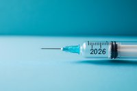 Medical syringe with needle on turquoise background showing year 2026 marking. Healthcare and vaccination concept with copy space for text.
