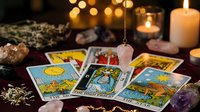 Tarot cards spread on wooden table with crystals, candles and mystical atmosphere for fortune telling and spiritual guidance sessions.