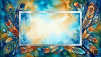 Colorful feather frame with peacock plumes and ornate decorative elements on watercolor background. Copy space for text or design projects.