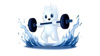 Cute ghost character lifting barbell with blue flame aura and water splash effect, cartoon mascot for fitness or gaming design on white background.