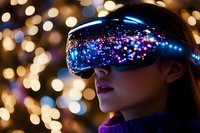 Young Asian woman wearing futuristic virtual reality headset with colorful reflections and bokeh lights creating magical atmosphere for gaming and tech concepts.
