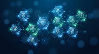 Digital healthcare technology network with glowing hexagonal medical icons connected by lines on blue bokeh background for telemedicine applications.