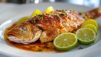 Grilled whole fish with lime slices and herbs on white plate. Golden brown crispy skin with fresh garnish. Restaurant quality seafood dish ready to serve.