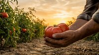Farmer hands holding fresh ripe tomatoes at sunset in organic vegetable garden with golden sky background for healthy food and agriculture concepts.