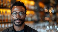 African American man with glasses and beard smiling in bar or restaurant with blurred bottles and warm lighting in background. Professional portrait for hospitality industry.