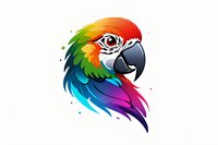 Vibrant rainbow-colored macaw parrot head illustration with expressive eye and detailed beak on white background, perfect for logo design, prints and creative projects.