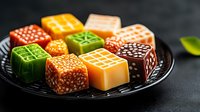 Colorful Asian jelly desserts with geometric patterns and sesame seeds arranged on black plate. Traditional sweet treats in cube shapes with vibrant colors.