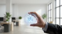Professional businessman holding glowing digital brain icon in modern office space representing artificial intelligence and innovation in workplace.