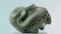 Sage green abstract organic form with metallic copper accents and flowing curved surfaces, suitable for modern interior design, product visualization, and contemporary art projects.