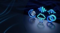 Neon glowing tech icons including spiral, sound wave, cloud and gear symbols on dark blue digital background for technology and innovation concepts.