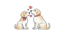 Two adorable golden retriever puppies sitting together with hearts floating above, expressing love and friendship on white background.