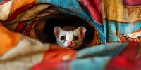 Playful ferret peeking through colorful blankets and fabric, close-up portrait showing curious expression and pink nose against vibrant textile background.
