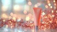 Coral pink cosmetic tube on blurred bokeh background with glowing fairy lights and delicate crystal branches, creating soft romantic atmosphere.
