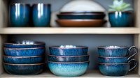 Handcrafted ceramic bowls and cups with deep blue reactive glaze stacked on wooden shelves, showing artisanal pottery collection for modern dining and home decor.