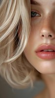 Close-up portrait of young caucasian woman with blonde hair, blue eyes, and natural makeup showing freckles and plump lips against neutral background.