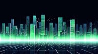 Futuristic green glowing cityscape skyline with digital grid floor reflecting neon skyscrapers against dark night background, cyberpunk urban landscape.