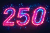 Glowing pink and blue neon number 250 with light rays effect on dark background, bright electric illuminated digits for anniversary or celebration design.