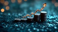 Growing stack of coins with glowing upward arrow on dark background with bokeh lights, representing financial growth and investment success.
