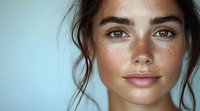 Close up portrait of young woman with natural freckles, glowing skin, and messy updo hairstyle against light blue background. Soft beauty concept.