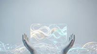 Hands presenting holographic digital interface with flowing data streams and futuristic technology elements for business innovation concepts.