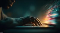 Professional hands typing on laptop keyboard with dynamic light streaks and motion blur effects creating futuristic digital workspace atmosphere.