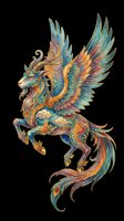 Ornate mythical winged creature with lion head and horse body, rich gold and teal tones, isolated on transparent background, for stickers, t-shirt design, print on demand.