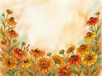 Watercolor autumn wildflower border with orange and yellow blooms on textured paper background for seasonal greeting cards and botanical designs.