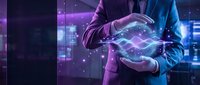 Businessman in suit holding glowing digital data waves and network connections, representing technology innovation, data management, and future business solutions.