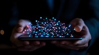 Glowing network of connected dots and lines floating above smartphone held in hands against dark background, representing digital connectivity and technology.