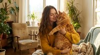 Young woman with long brown hair cuddling orange tabby cat in cozy living room with houseplants. Warm natural light creates peaceful domestic scene.