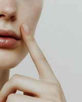 Close-up of young woman with fair skin and freckles touching her face with finger, demonstrating skincare, cosmetics, and beauty product application for dermatology and wellness campaigns.