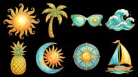 Tropical summer elements collection with sun, palm tree, sunglasses, ocean wave, pineapple, crescent moon, compass rose and sailboat. Isolated on transparent background, ready for t-shirts, clipart, stickers and print-on-demand designs.
