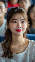Young Asian woman with bright red lipstick smiling warmly at camera, wearing casual white top with heart pattern, sitting in theater or auditorium with blurred background.