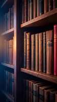Vintage leather-bound books arranged on wooden library shelves with warm lighting creating scholarly atmosphere for academic and literary projects.