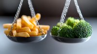 Balanced food choice concept showing french fries versus broccoli on weight scale plates, representing healthy versus unhealthy eating decisions.