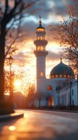 Majestic mosque with tall minaret and blue dome captured at golden sunset, dramatic sky and autumn trees create peaceful spiritual atmosphere.