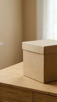 Minimalist kraft cardboard gift box on wooden table in warm natural light interior setting for packaging and storage solutions.