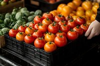 Fresh ripe tomatoes in black plastic crate at farmers market display. Vibrant red produce with green stems arranged neatly for retail sale with other vegetables.