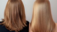 Comparison of damaged and healthy blonde hair showing split ends versus smooth, straight styled result after professional hair treatment and care.