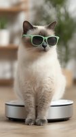 Stylish Siamese cat wearing mint green sunglasses sits on robotic vacuum cleaner in modern home interior, creating humorous and trendy pet lifestyle scene.