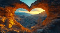 Natural heart-shaped rock arch formation in desert landscape at sunset, glowing orange sandstone framing dramatic mountain vista and golden sky.