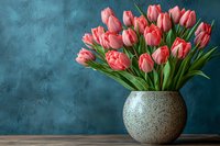 Pink tulips in textured stone vase against teal blue wall. Spring floral arrangement for home decor, greeting cards, and interior design projects.