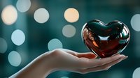 Delicate feminine hand holding transparent glass heart against blurred bokeh lights background, symbolizing love, care, and emotional connection.