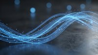 Abstract blue digital wave with glowing particles flowing across dark textured surface, representing data stream, technology, innovation, and connectivity for digital transformation concepts.