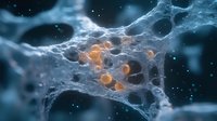 Microscopic view of neural network with glowing orange synapses in blue cellular structure, illustrating brain connectivity and neuroscience concepts.