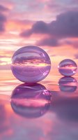 Crystal spheres reflecting dramatic purple and pink sunset sky over calm water surface, creating ethereal mirror effect with glowing reflections and soft clouds.